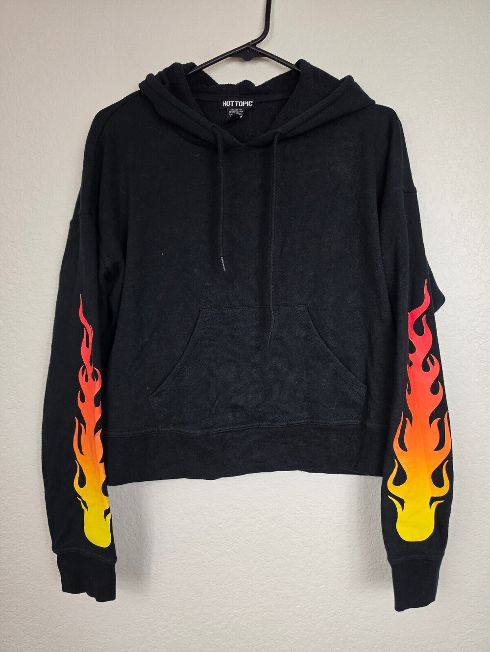 Vintage Y2K Black Hoodie with Flame Sleeve Design